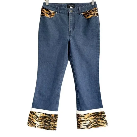 Vintage Y2K Guess Bootcut Cropped Jeans w/ Faux Fur Trim - 28" - Picture 3 of 12